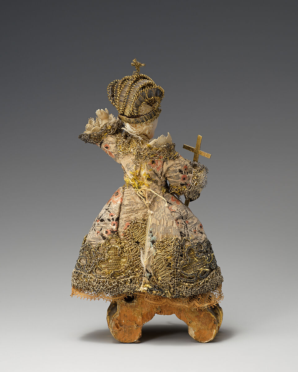 Infant Christ, Ivory, seed pearls, silk, metal thread, lace, parchment, wood and glass, Southern German