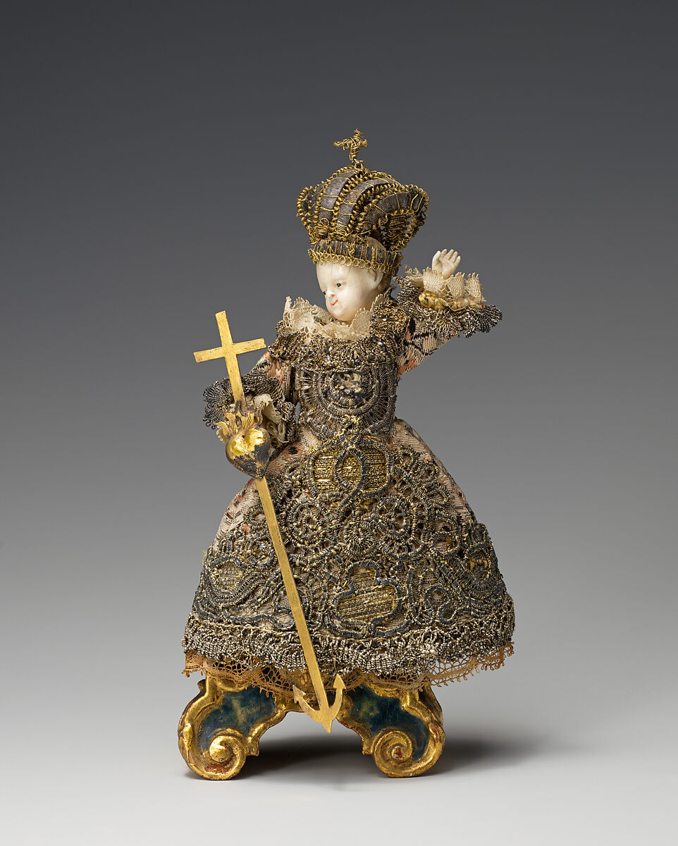 Infant Christ, Ivory, seed pearls, silk, metal thread, lace, parchment, wood and glass, Southern German