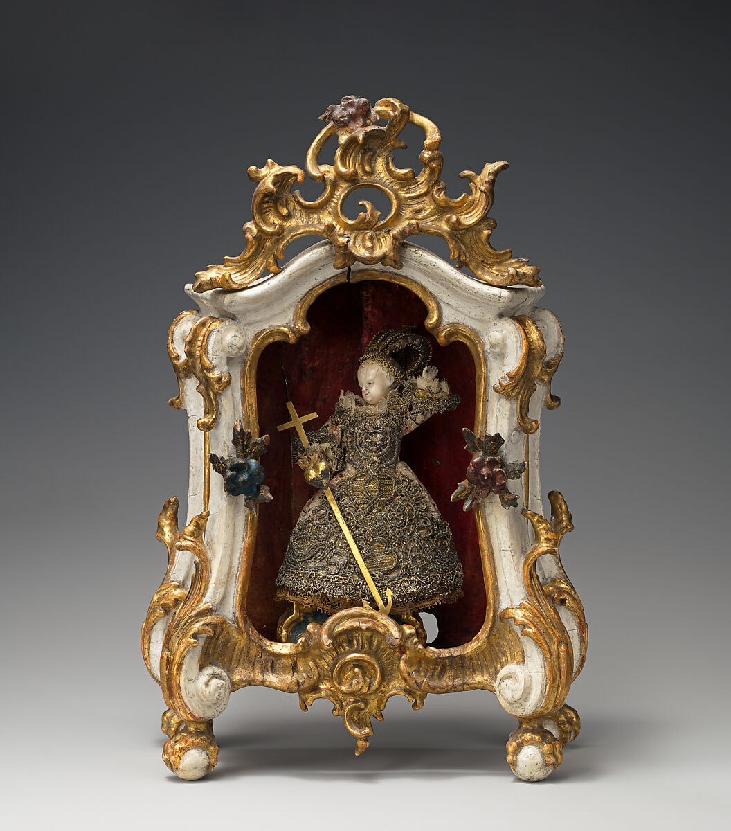 Infant Christ, Ivory, seed pearls, silk, metal thread, lace, parchment, wood and glass, Southern German