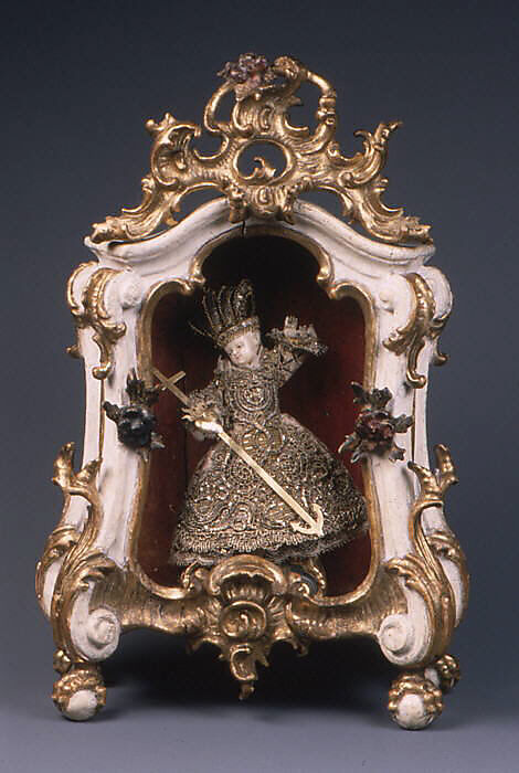 Infant Christ, Ivory, seed pearls, silk, metal thread, lace, parchment, wood and glass, Southern German