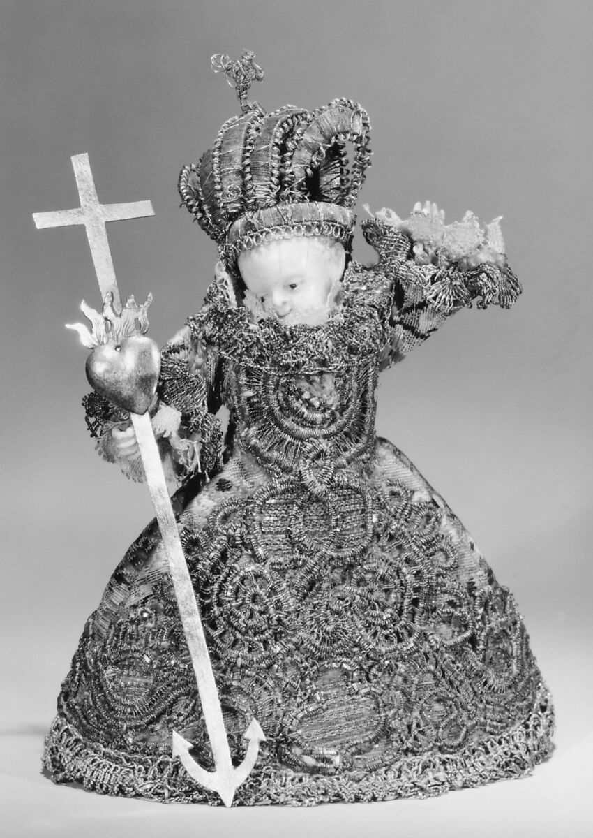 Infant Christ, Ivory, seed pearls, silk, metal thread, lace, parchment, wood and glass, Southern German 