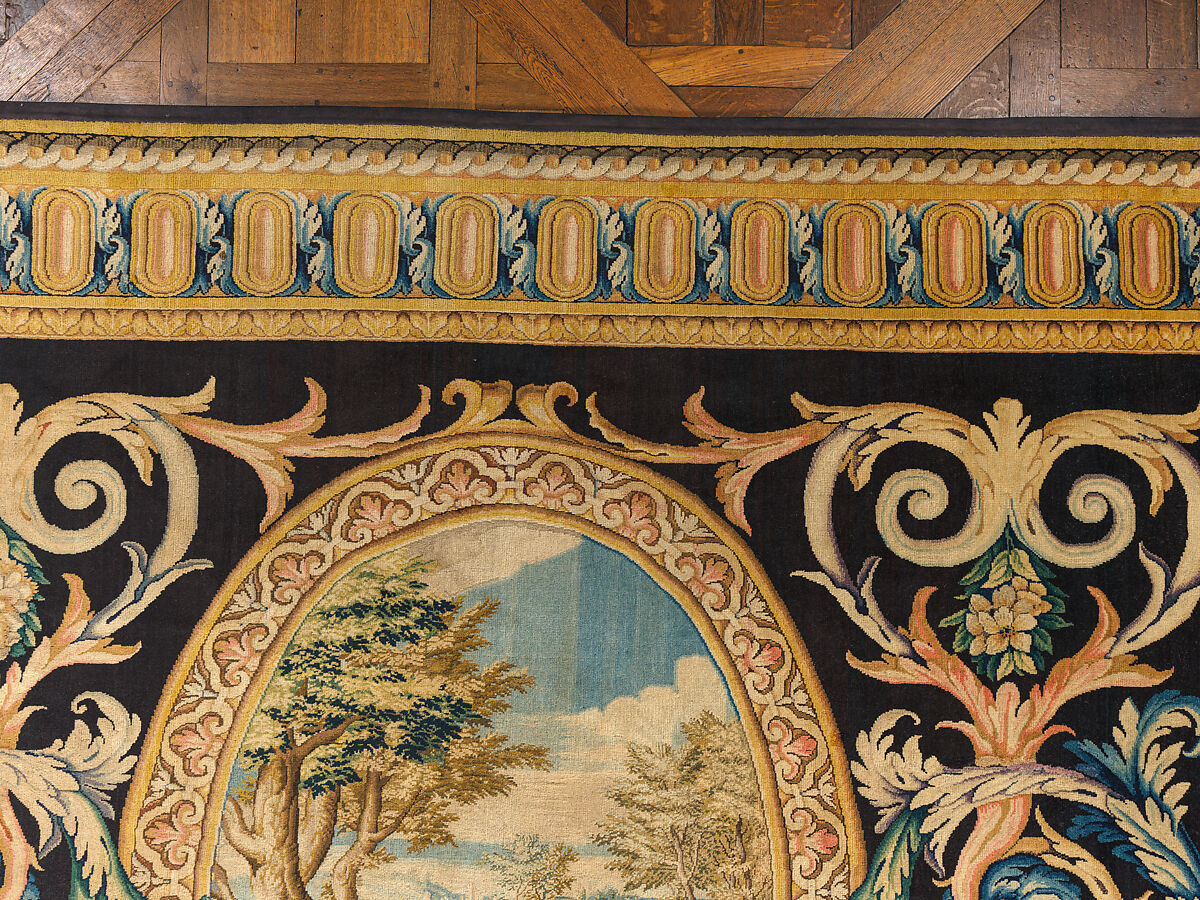 Grande Galerie carpet no. 73 (Landscapes), Savonnerie Manufactory (Manufactory, established 1626; Manufacture Royale, established 1663), Wool, knotted and cut pile (symmetrical knot, 90 knots per square inch), French, Paris