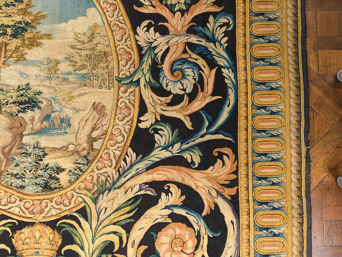Grande Galerie carpet no. 73 (Landscapes), Savonnerie Manufactory (Manufactory, established 1626; Manufacture Royale, established 1663), Wool, knotted and cut pile (symmetrical knot, 90 knots per square inch), French, Paris