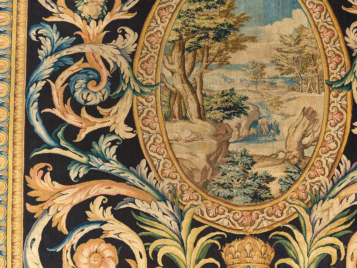 Grande Galerie carpet no. 73 (Landscapes), Savonnerie Manufactory (Manufactory, established 1626; Manufacture Royale, established 1663), Wool, knotted and cut pile (symmetrical knot, 90 knots per square inch), French, Paris