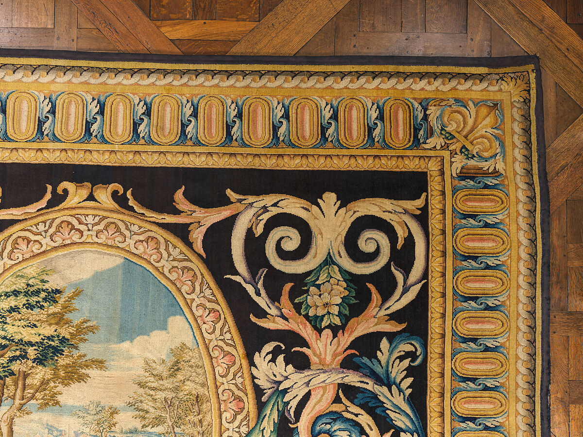 Grande Galerie carpet no. 73 (Landscapes), Savonnerie Manufactory (Manufactory, established 1626; Manufacture Royale, established 1663), Wool, knotted and cut pile (symmetrical knot, 90 knots per square inch), French, Paris