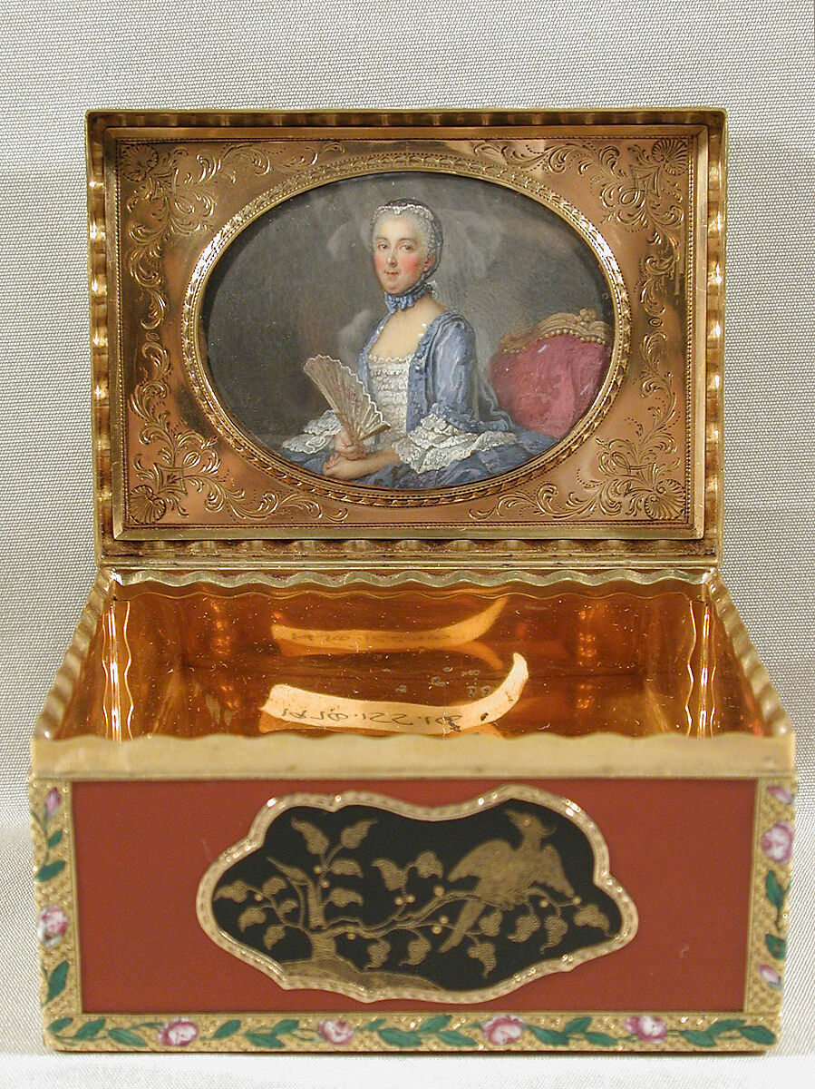 Snuffbox, Jean Ducrollay (French, born 1709, master 1734, recorded 1760), Gold, enamel, tortoiseshell inlaid (piqué) with gold, French, Paris