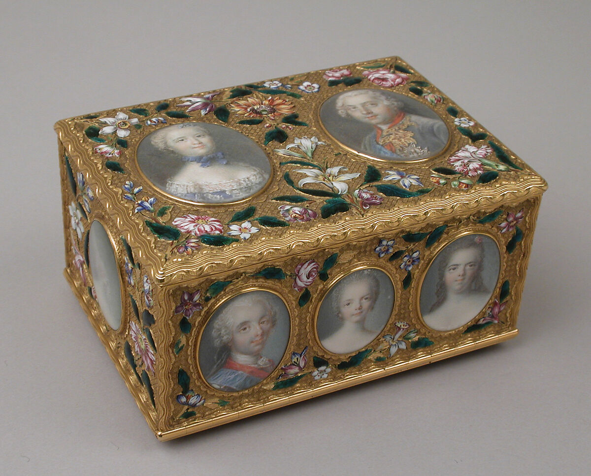 Double snuffbox, Jean Ducrollay (French, born 1709, master 1734, recorded 1760), Gold, enamel, vellum, gouache, glass, French, Paris 