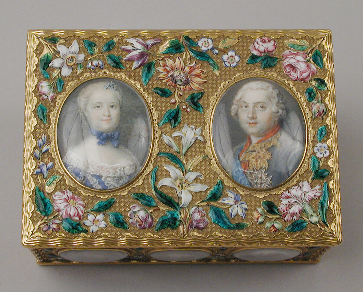 Double snuffbox, Jean Ducrollay (French, born 1709, master 1734, recorded 1760), Gold, enamel, vellum, gouache, glass, French, Paris