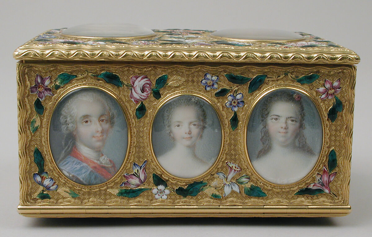 Double snuffbox, Jean Ducrollay (French, born 1709, master 1734, recorded 1760), Gold, enamel, vellum, gouache, glass, French, Paris