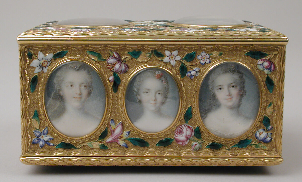 Double snuffbox, Jean Ducrollay (French, born 1709, master 1734, recorded 1760), Gold, enamel, vellum, gouache, glass, French, Paris