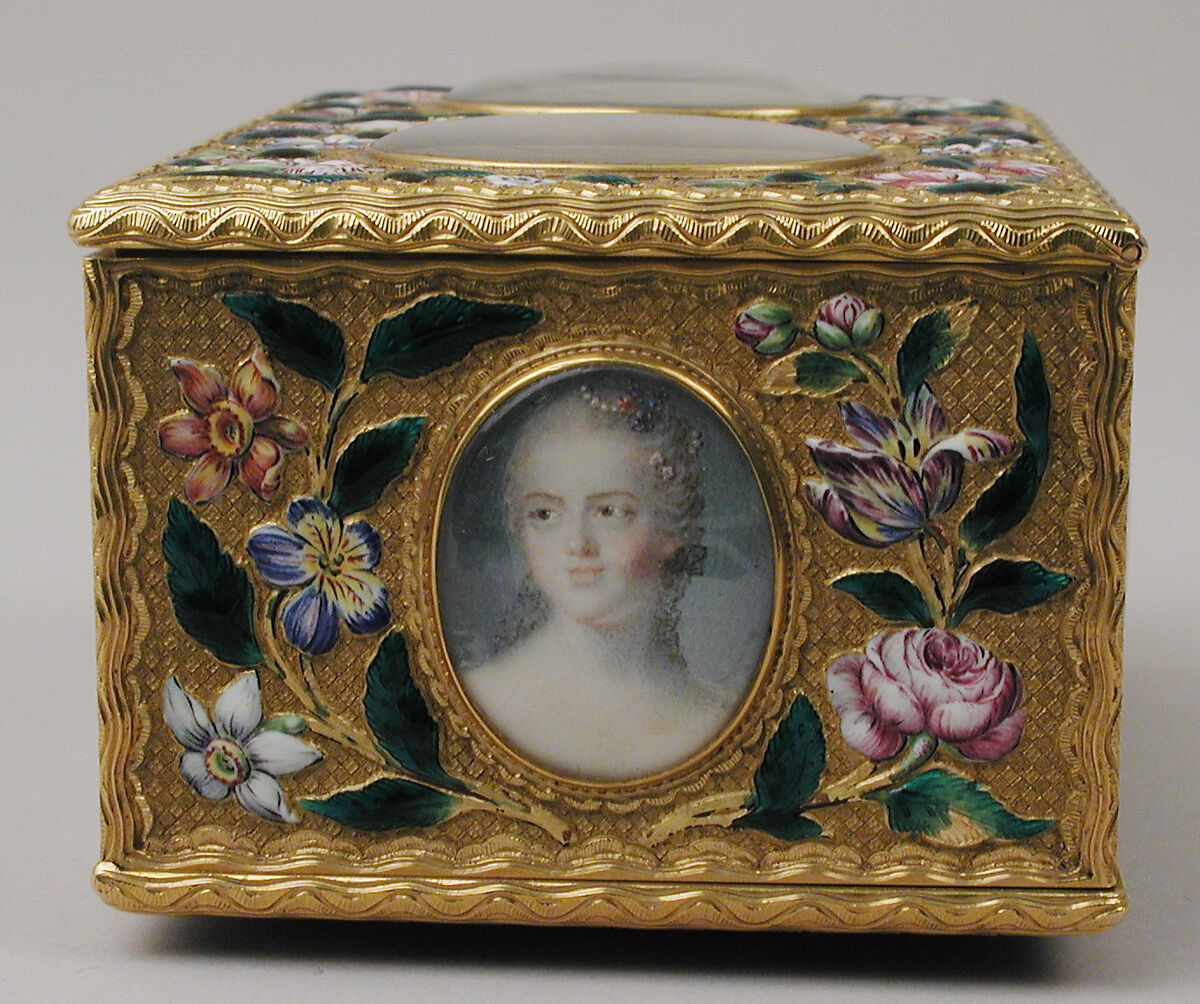 Double snuffbox, Jean Ducrollay (French, born 1709, master 1734, recorded 1760), Gold, enamel, vellum, gouache, glass, French, Paris