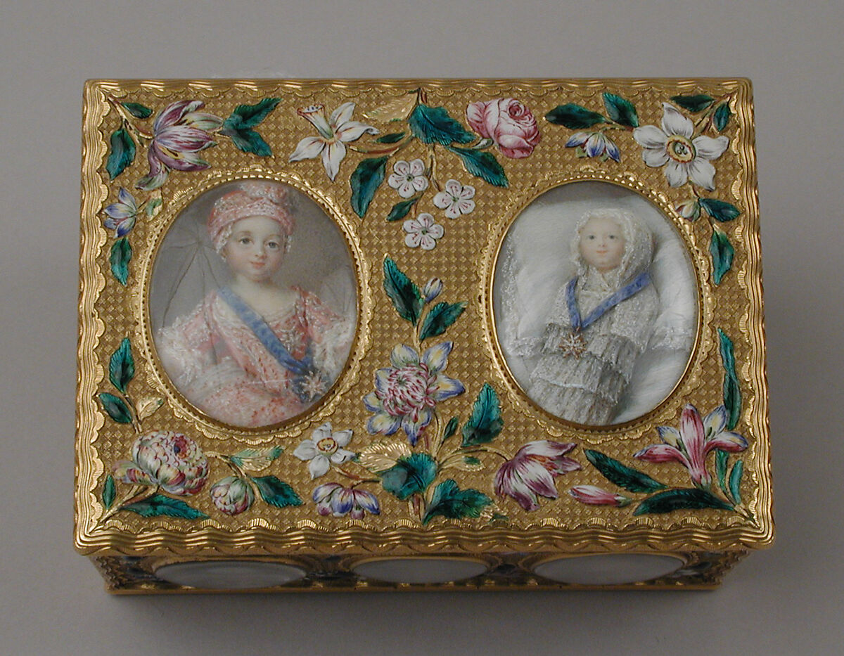 Double snuffbox, Jean Ducrollay (French, born 1709, master 1734, recorded 1760), Gold, enamel, vellum, gouache, glass, French, Paris