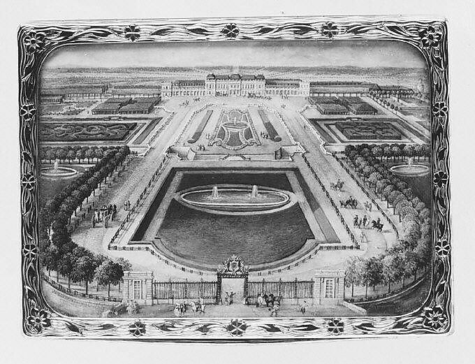 Snuffbox with views at the château of Chanteloup, Possibly by Pierre-François Delafons (master 1732, died 1787), Gold, glass, velum, French, Paris