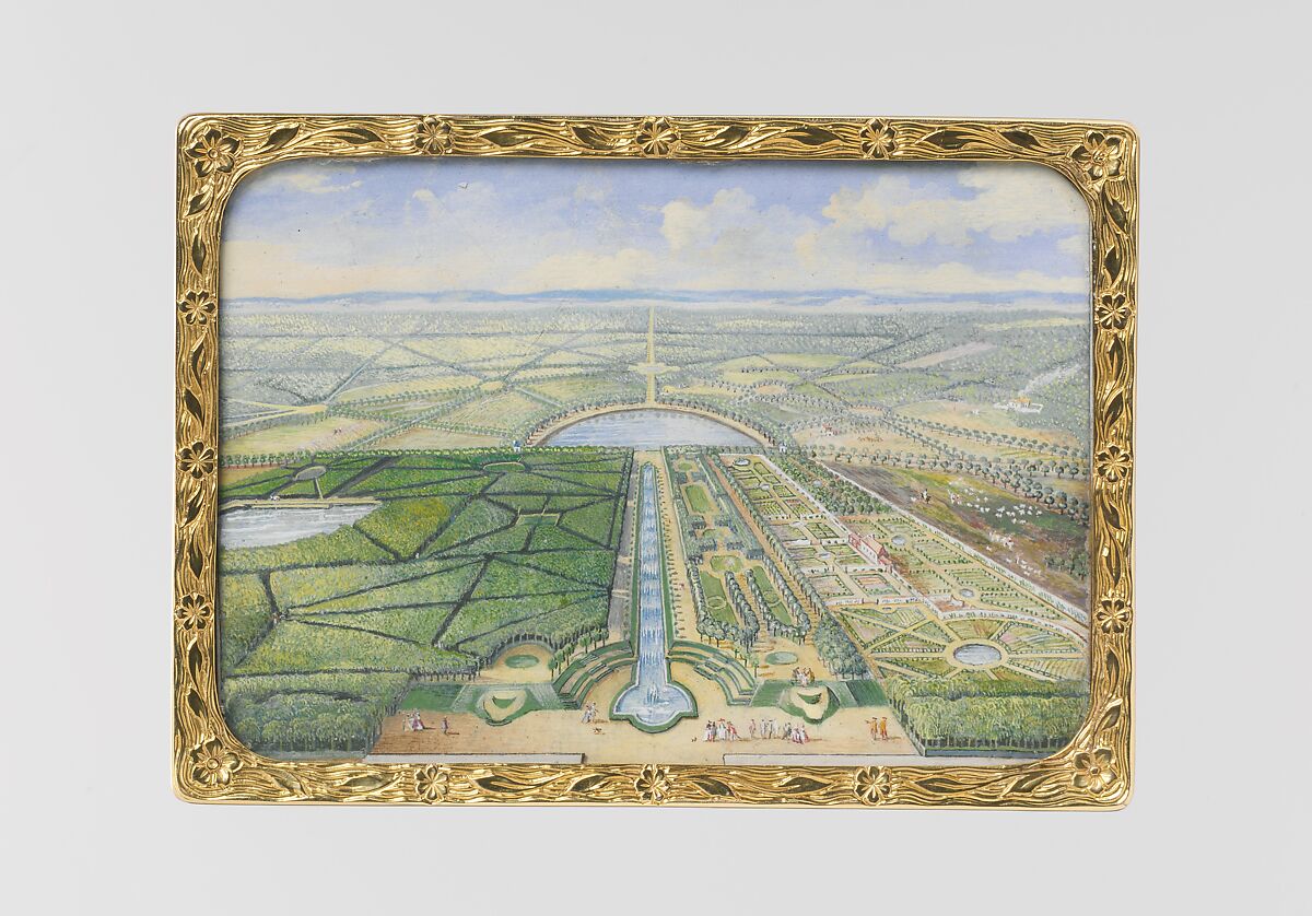 Snuffbox with views at the château of Chanteloup, Possibly by Pierre-François Delafons (master 1732, died 1787), Gold, glass, velum, French, Paris