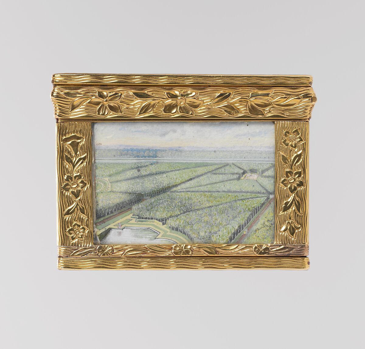 Snuffbox with views at the château of Chanteloup, Possibly by Pierre-François Delafons (master 1732, died 1787), Gold, glass, velum, French, Paris
