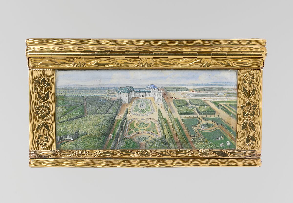 Snuffbox with views at the château of Chanteloup, Possibly by Pierre-François Delafons (master 1732, died 1787), Gold, glass, velum, French, Paris