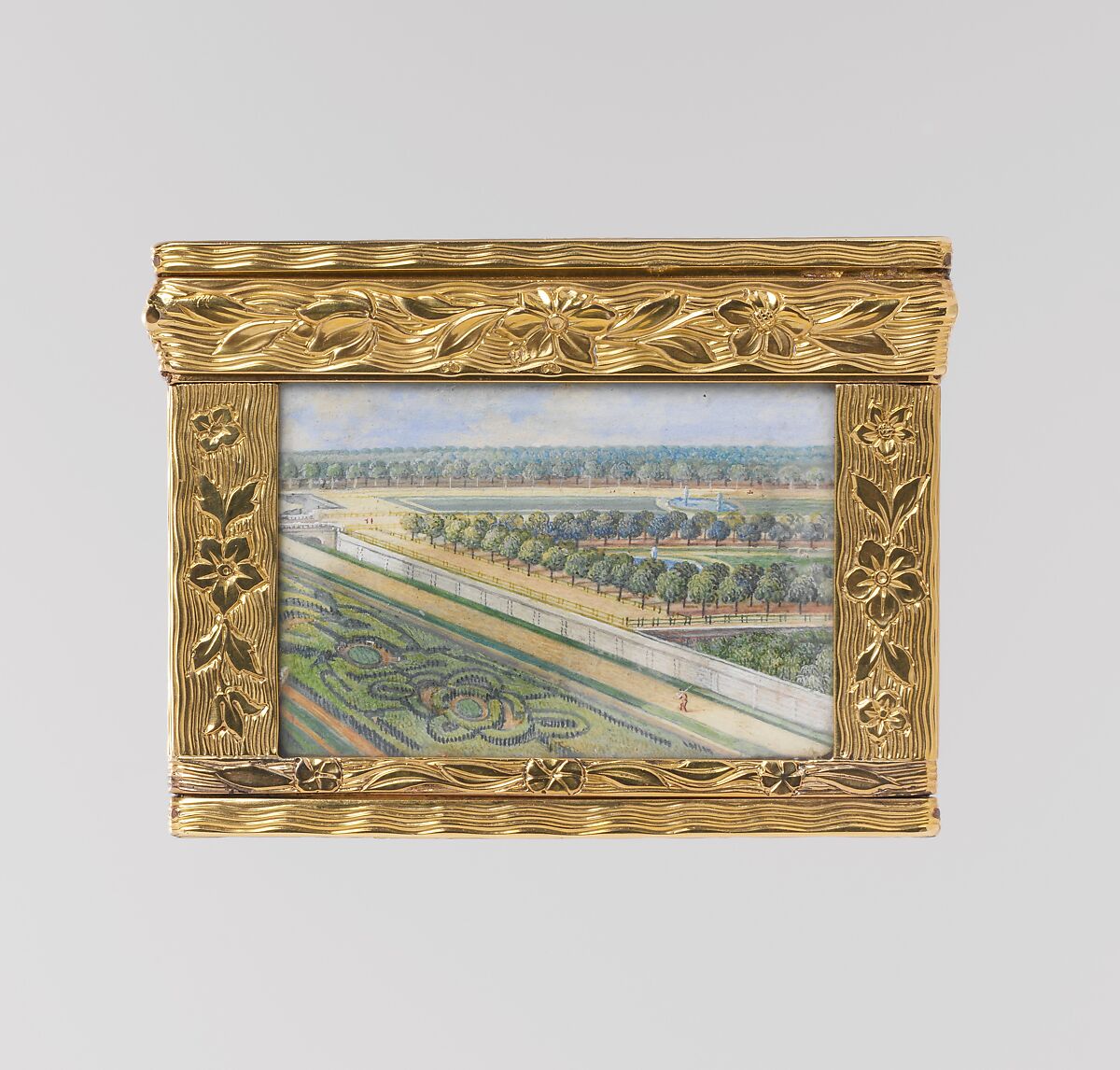 Snuffbox with views at the château of Chanteloup, Possibly by Pierre-François Delafons (master 1732, died 1787), Gold, glass, velum, French, Paris