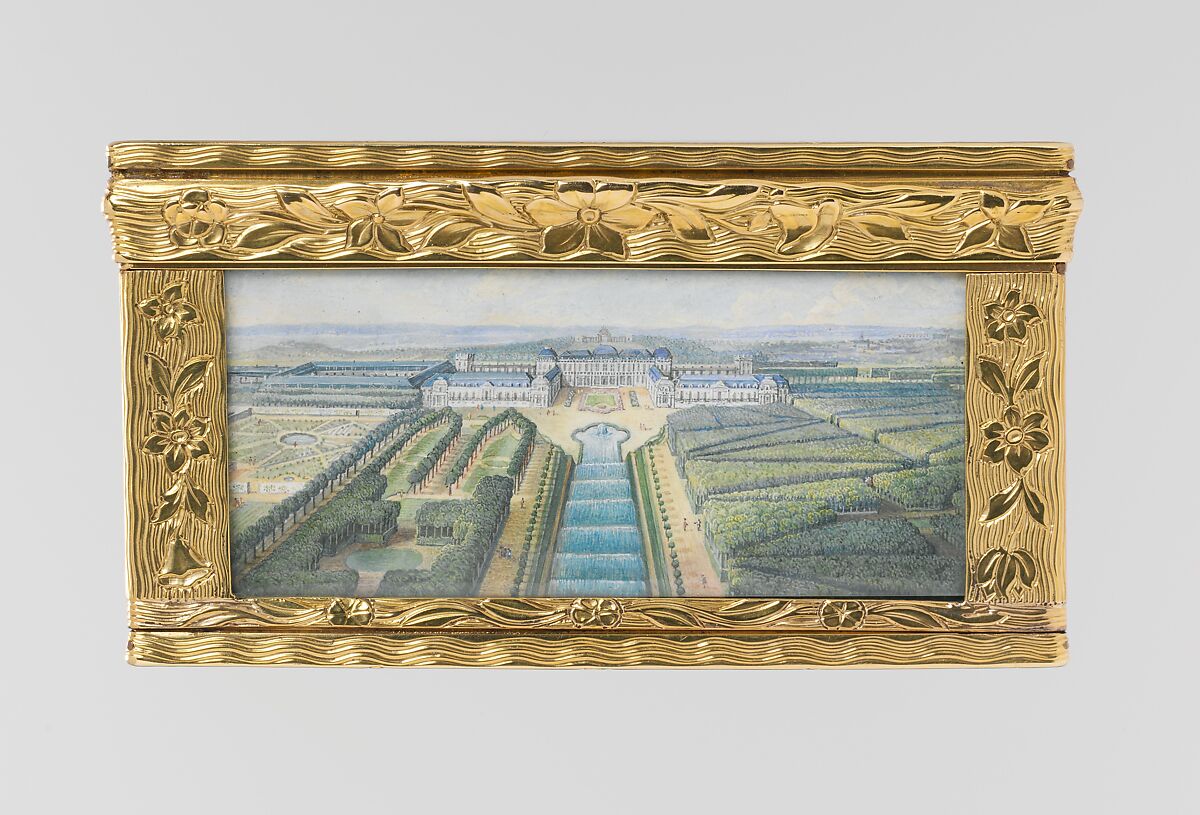 Snuffbox with views at the château of Chanteloup, Possibly by Pierre-François Delafons (master 1732, died 1787), Gold, glass, velum, French, Paris