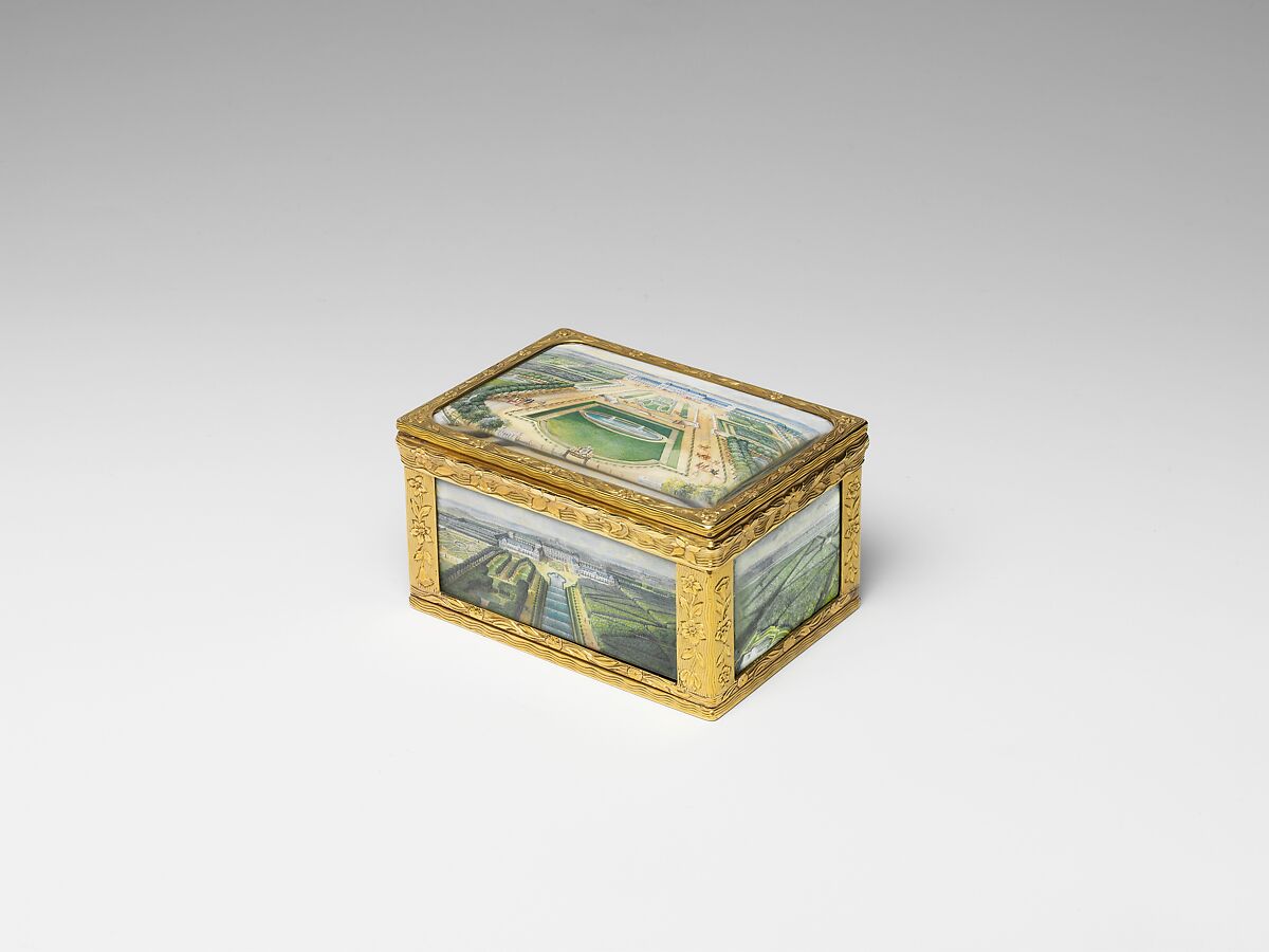 Snuffbox with views at the château of Chanteloup, Possibly by Pierre-François Delafons (master 1732, died 1787), Gold, glass, velum, French, Paris 