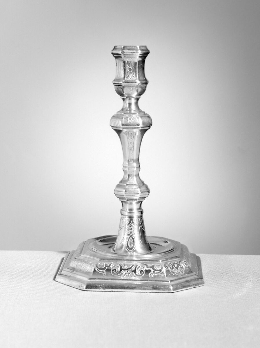 Candlestick (one of a pair), Silver gilt, German, Augsburg 