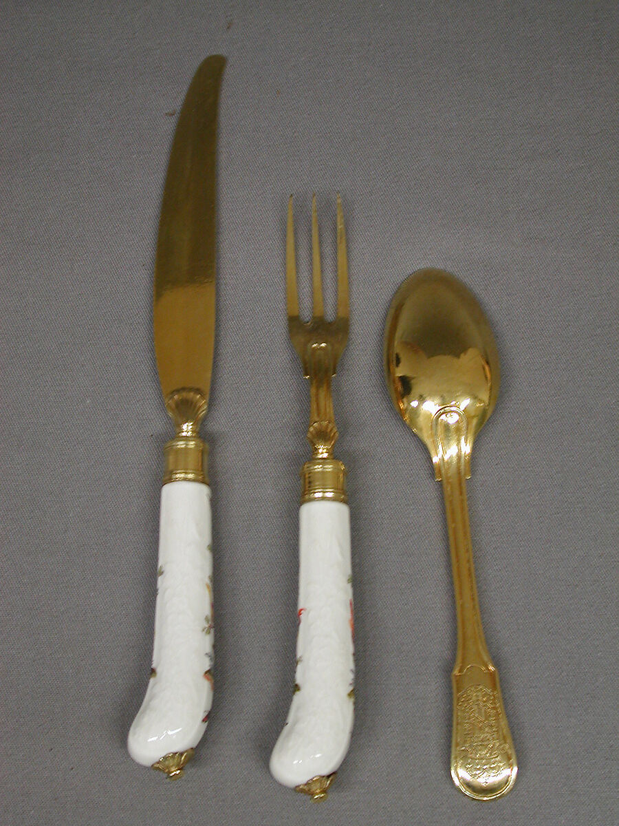 Knife, Meissen Manufactory (German, 1710–present), Hard-paste porcelain, silver gilt, German, Meissen 