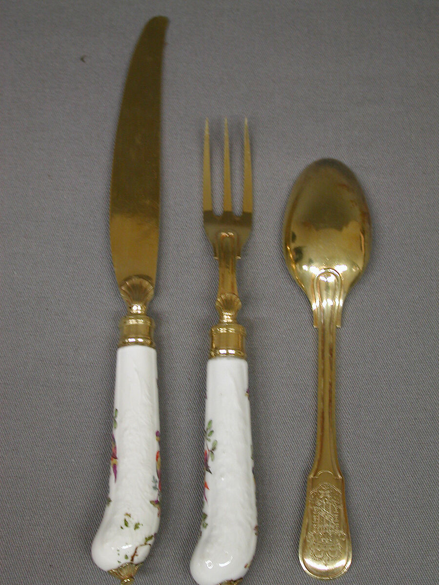 Fork, Meissen Manufactory (German, 1710–present), Hard-paste porcelain, silver gilt, German, Meissen 