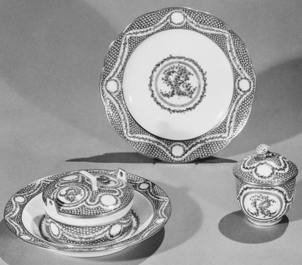 Combination table, Martin Carlin (French, near Freiburg im Breisgau ca. 1730–1785 Paris), Oak and pine veneered with tulipwood, sycamore, holly, boxwood and ebony; Carrara marble; gilt-bronze mounts; accessories of Sèvres porcelain, rock crystal, silver gilt, and lacquer, French, Paris