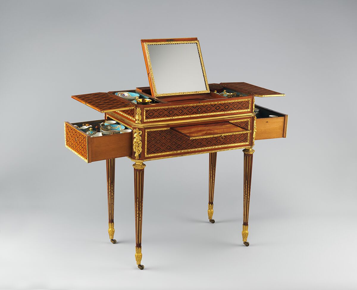 Combination table, Martin Carlin (French, near Freiburg im Breisgau ca. 1730–1785 Paris), Oak and pine veneered with tulipwood, sycamore, holly, boxwood and ebony; Carrara marble; gilt-bronze mounts; accessories of Sèvres porcelain, rock crystal, silver gilt, and lacquer, French, Paris 