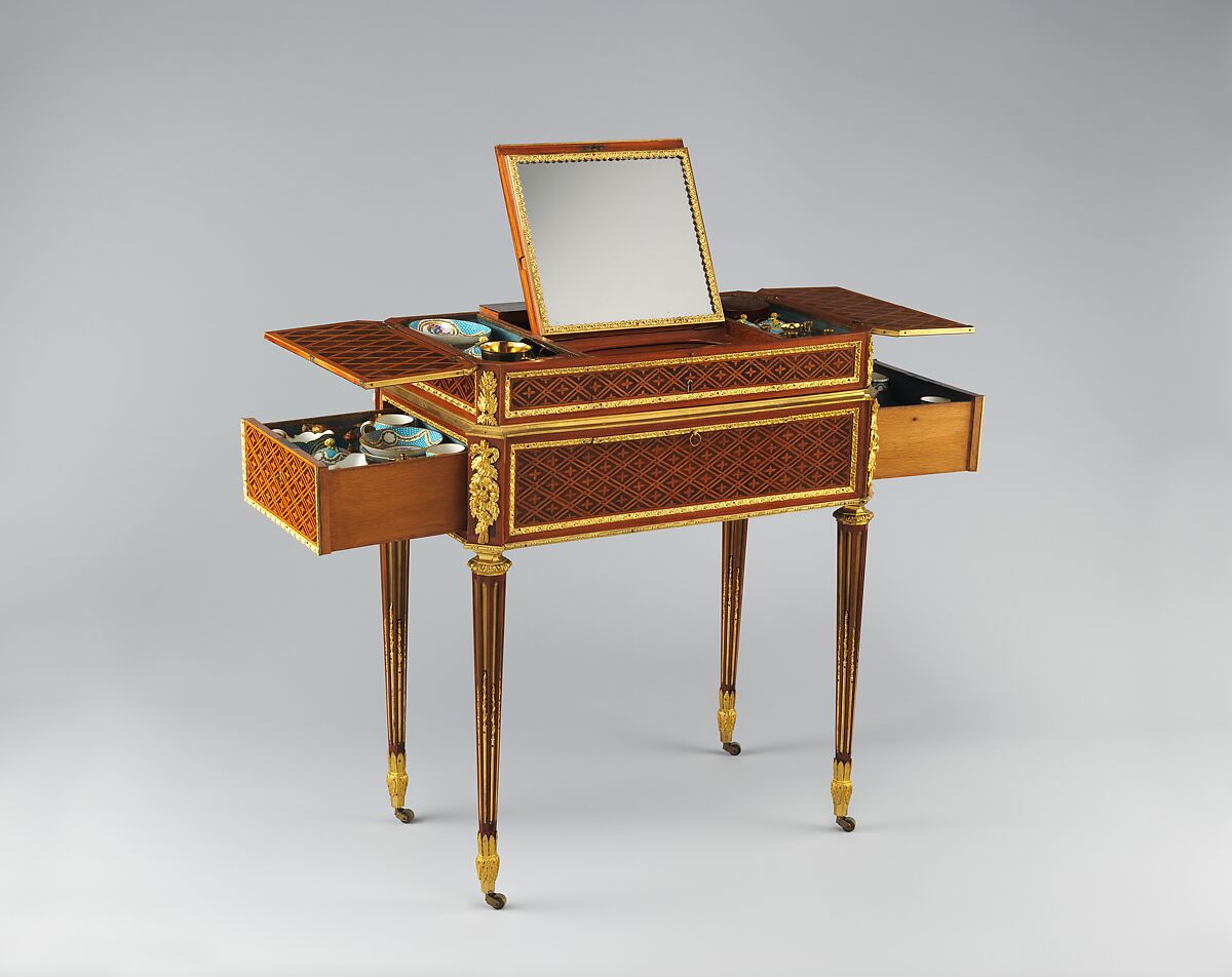 Combination table, Martin Carlin (French, near Freiburg im Breisgau ca. 1730–1785 Paris), Oak and pine veneered with tulipwood, sycamore, holly, boxwood and ebony; Carrara marble; gilt-bronze mounts; accessories of Sèvres porcelain, rock crystal, silver gilt, and lacquer, French, Paris