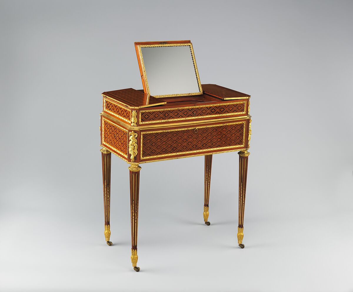 Combination table, Martin Carlin (French, near Freiburg im Breisgau ca. 1730–1785 Paris), Oak and pine veneered with tulipwood, sycamore, holly, boxwood and ebony; Carrara marble; gilt-bronze mounts; accessories of Sèvres porcelain, rock crystal, silver gilt, and lacquer, French, Paris