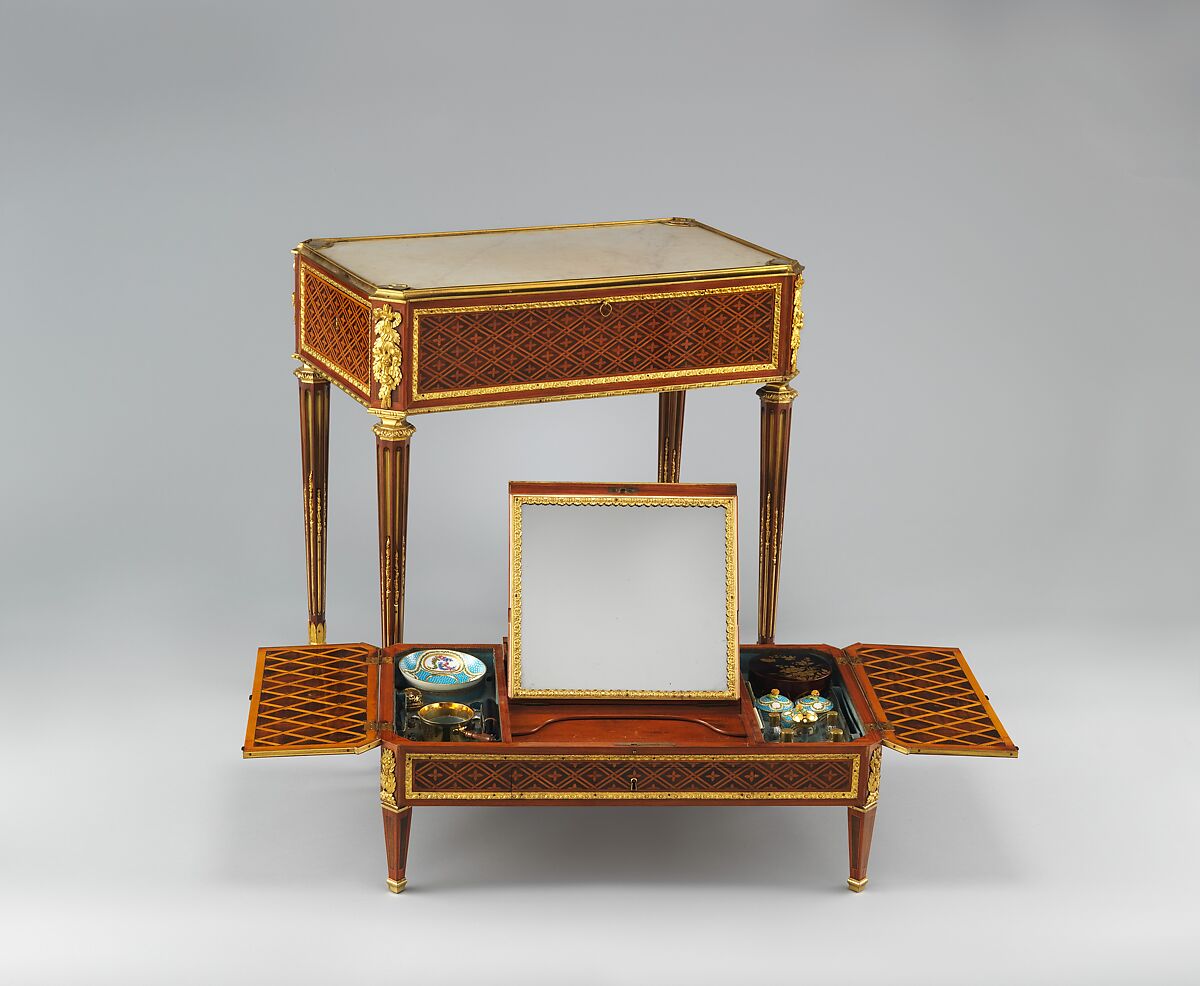 Combination table, Martin Carlin (French, near Freiburg im Breisgau ca. 1730–1785 Paris), Oak and pine veneered with tulipwood, sycamore, holly, boxwood and ebony; Carrara marble; gilt-bronze mounts; accessories of Sèvres porcelain, rock crystal, silver gilt, and lacquer, French, Paris