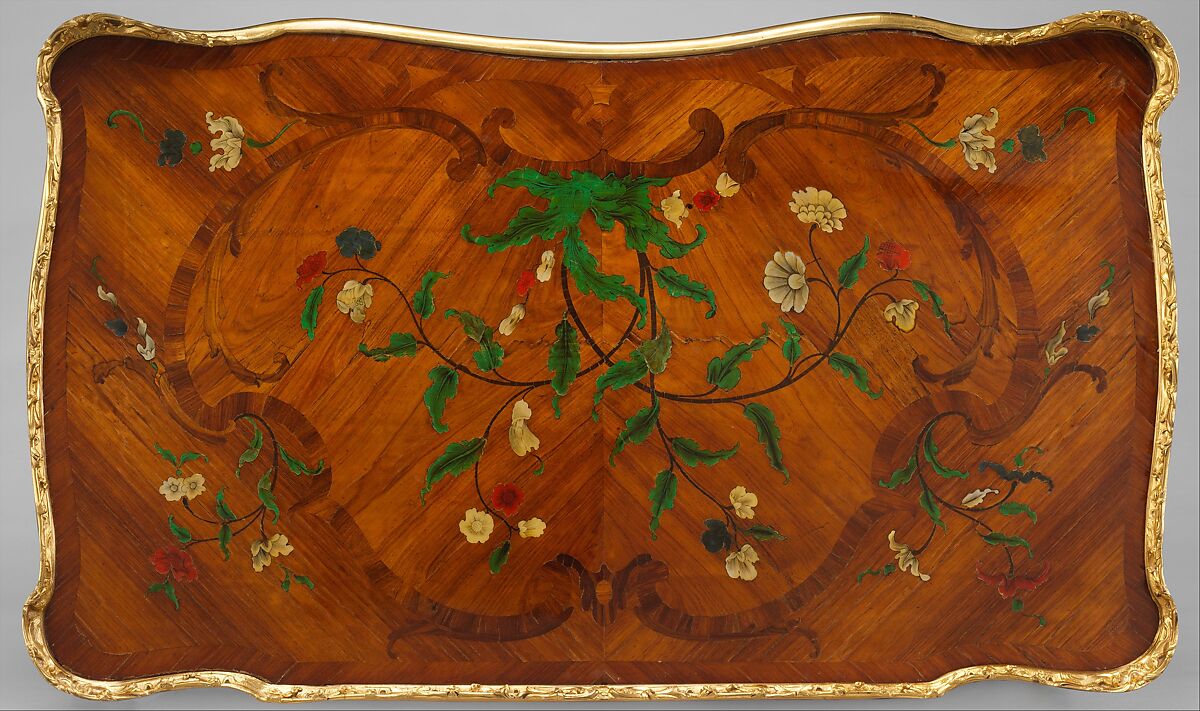 Writing table (table à écrire), Bernard II van Risenburgh (ca. 1696–ca. 1767), Oak veneered with tulipwood, kingwood, amaranth, mahogany, ebony, mother-of-pearl, stained horn; gilt-bronze mounts; modern velvet, French, Paris