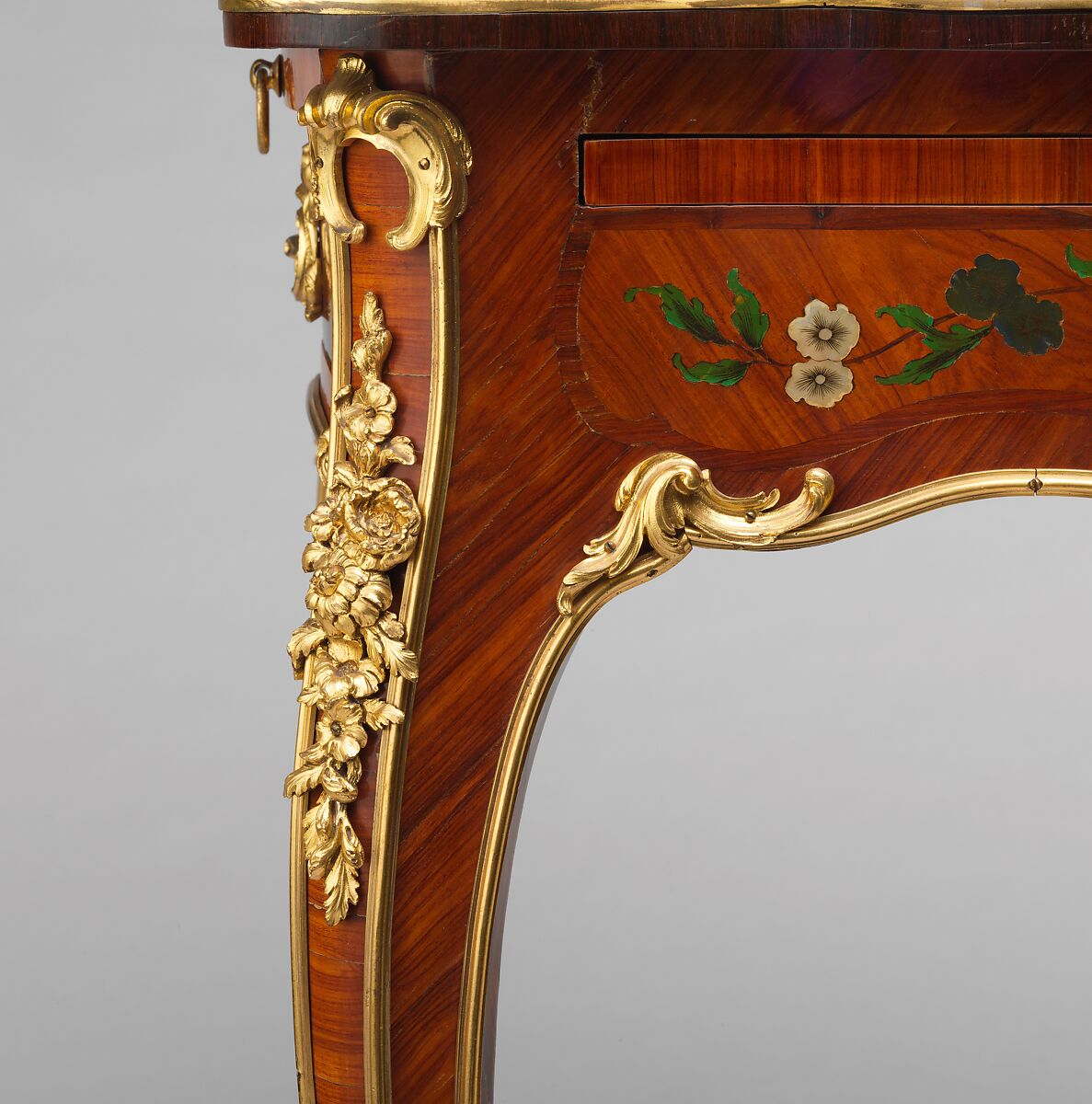 Writing table (table à écrire), Bernard II van Risenburgh (ca. 1696–ca. 1767), Oak veneered with tulipwood, kingwood, amaranth, mahogany, ebony, mother-of-pearl, stained horn; gilt-bronze mounts; modern velvet, French, Paris