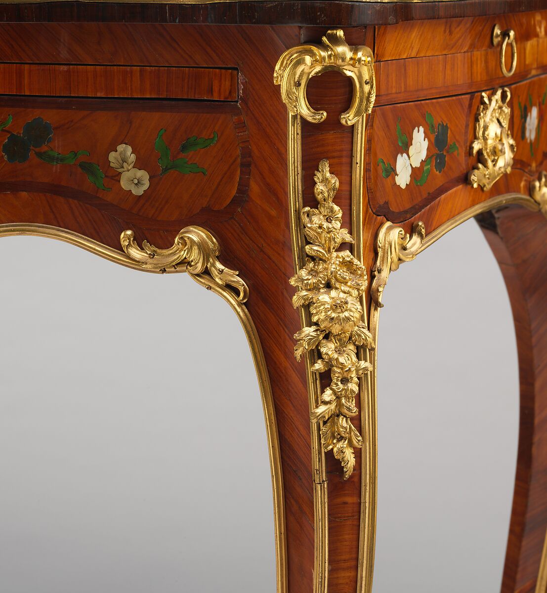 Writing table (table à écrire), Bernard II van Risenburgh (ca. 1696–ca. 1767), Oak veneered with tulipwood, kingwood, amaranth, mahogany, ebony, mother-of-pearl, stained horn; gilt-bronze mounts; modern velvet, French, Paris