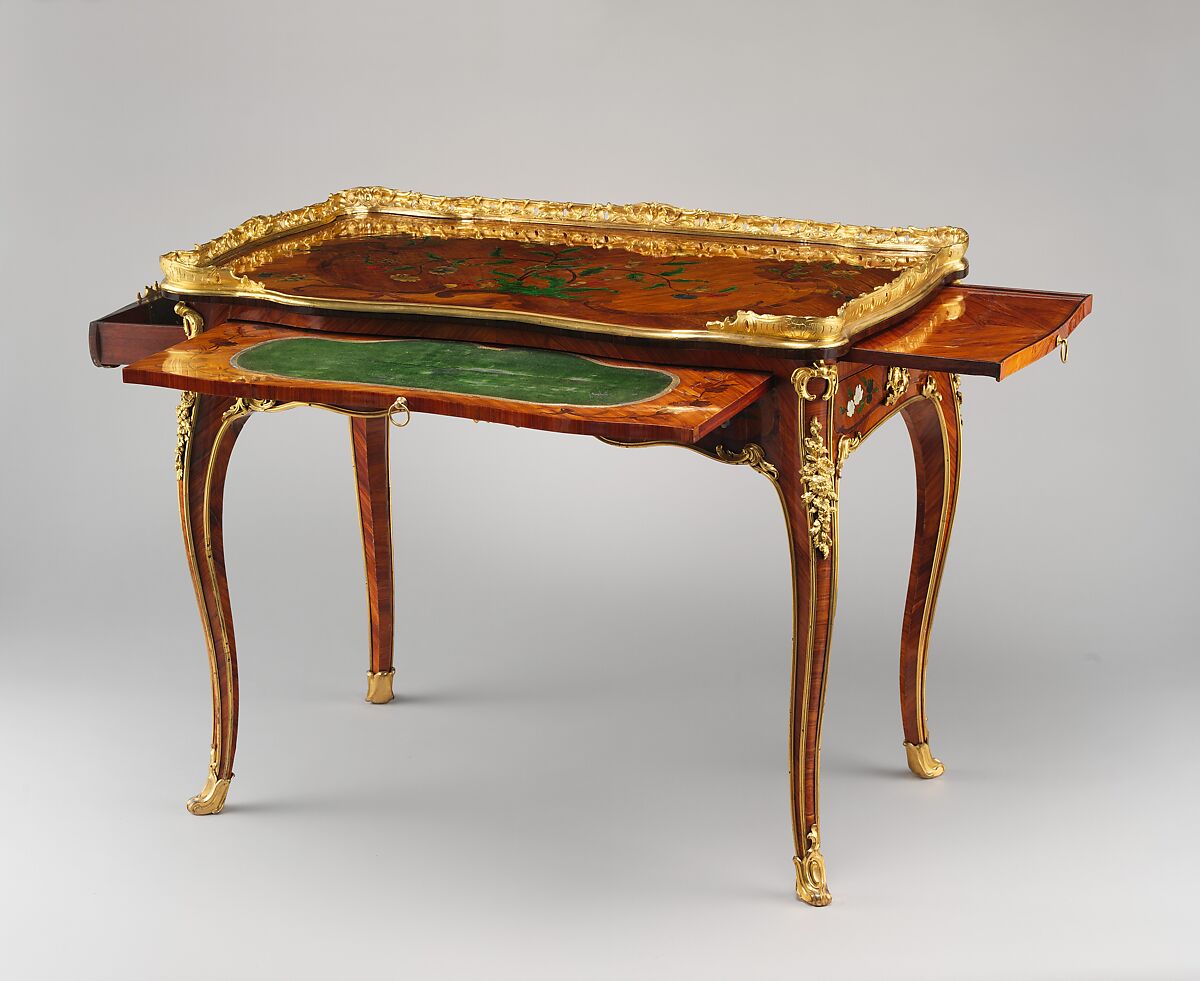 Writing table (table à écrire), Bernard II van Risenburgh (ca. 1696–ca. 1767), Oak veneered with tulipwood, kingwood, amaranth, mahogany, ebony, mother-of-pearl, stained horn; gilt-bronze mounts; modern velvet, French, Paris