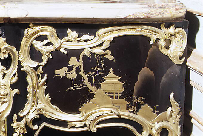 Side table (commode en console), Bernard II van Risenburgh (ca. 1696–ca. 1767), Oak and pine lacquered black and veneered with Japanese black and gold lacquer; gilt-bronze mounts; Sarrancolin marble top, French, Paris