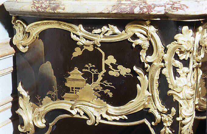 Side table (commode en console), Bernard II van Risenburgh (ca. 1696–ca. 1767), Oak and pine lacquered black and veneered with Japanese black and gold lacquer; gilt-bronze mounts; Sarrancolin marble top, French, Paris