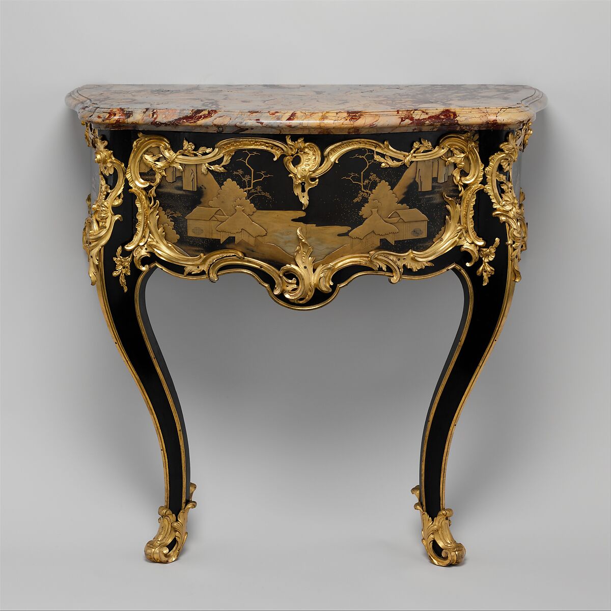 Side table (commode en console), Bernard II van Risenburgh (ca. 1696–ca. 1767), Oak and pine lacquered black and veneered with Japanese black and gold lacquer; gilt-bronze mounts; Sarrancolin marble top, French, Paris 