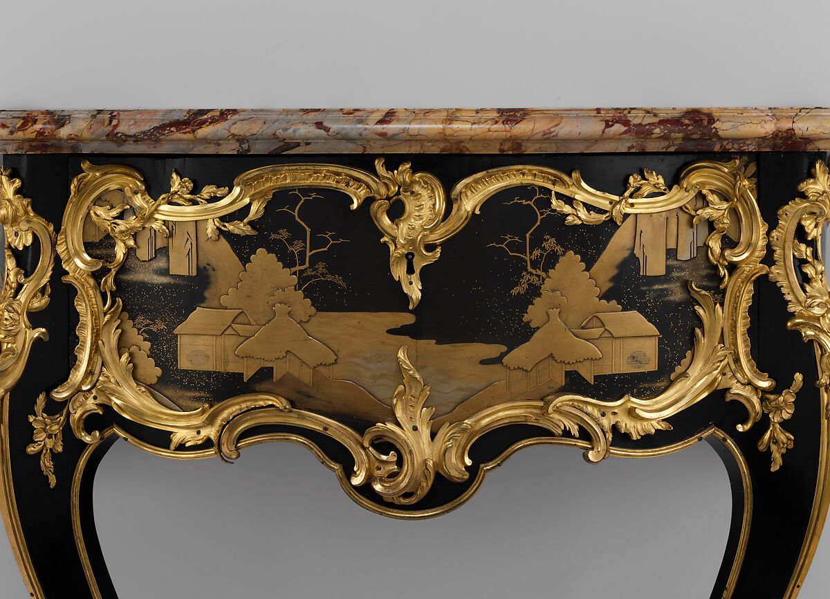 Side table (commode en console), Bernard II van Risenburgh (ca. 1696–ca. 1767), Oak and pine lacquered black and veneered with Japanese black and gold lacquer; gilt-bronze mounts; Sarrancolin marble top, French, Paris