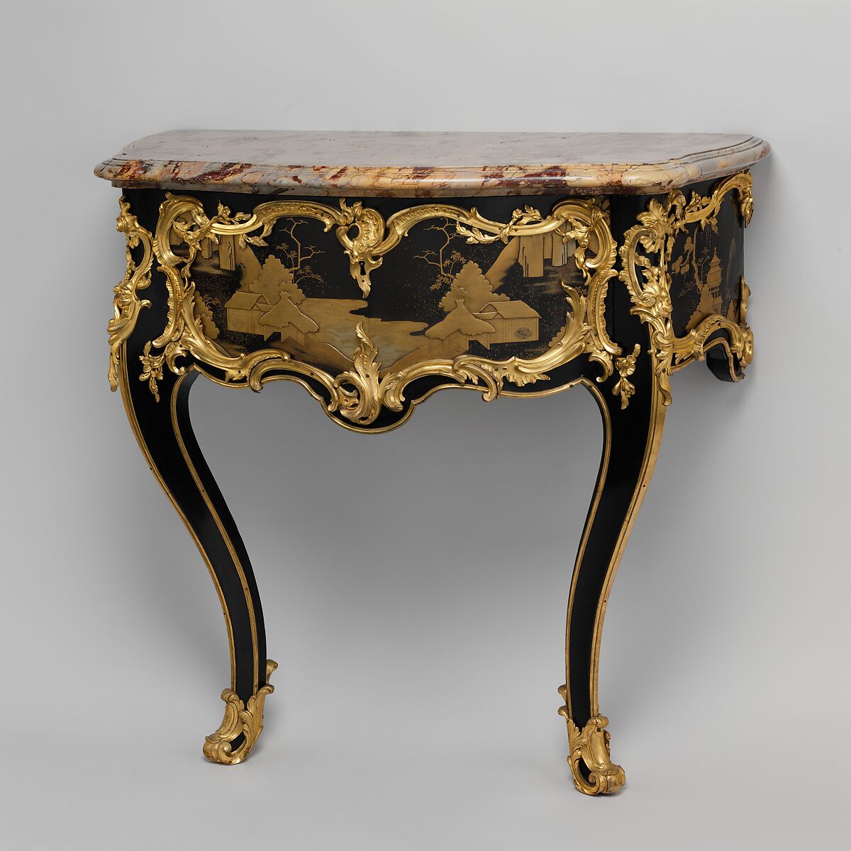 Side table (commode en console), Bernard II van Risenburgh (ca. 1696–ca. 1767), Oak and pine lacquered black and veneered with Japanese black and gold lacquer; gilt-bronze mounts; Sarrancolin marble top, French, Paris