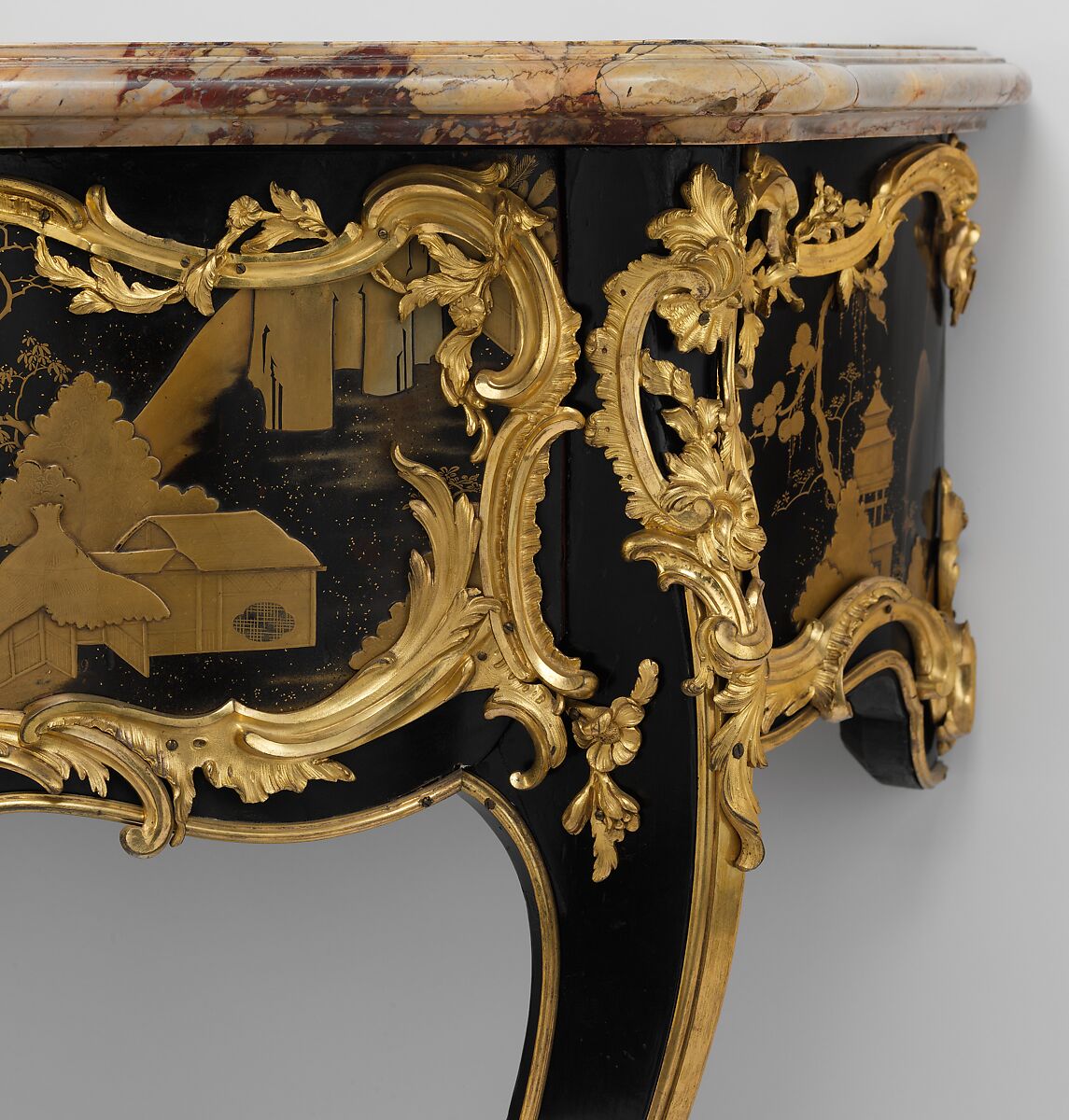 Side table (commode en console), Bernard II van Risenburgh (ca. 1696–ca. 1767), Oak and pine lacquered black and veneered with Japanese black and gold lacquer; gilt-bronze mounts; Sarrancolin marble top, French, Paris