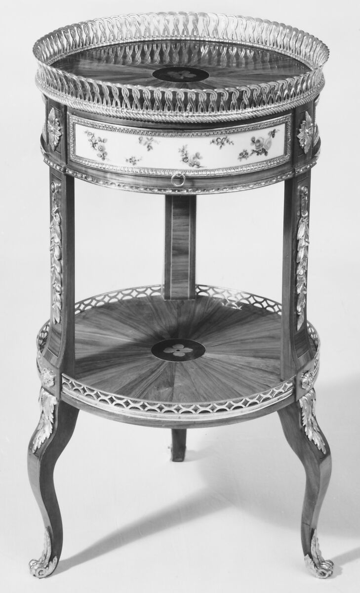 Circular worktable, Martin Carlin (French, near Freiburg im Breisgau ca. 1730–1785 Paris), Oak veneered with tulipwood, ebony, and holly; soft-paste porcelain; gilt bronze, French, Paris and Sèvres 