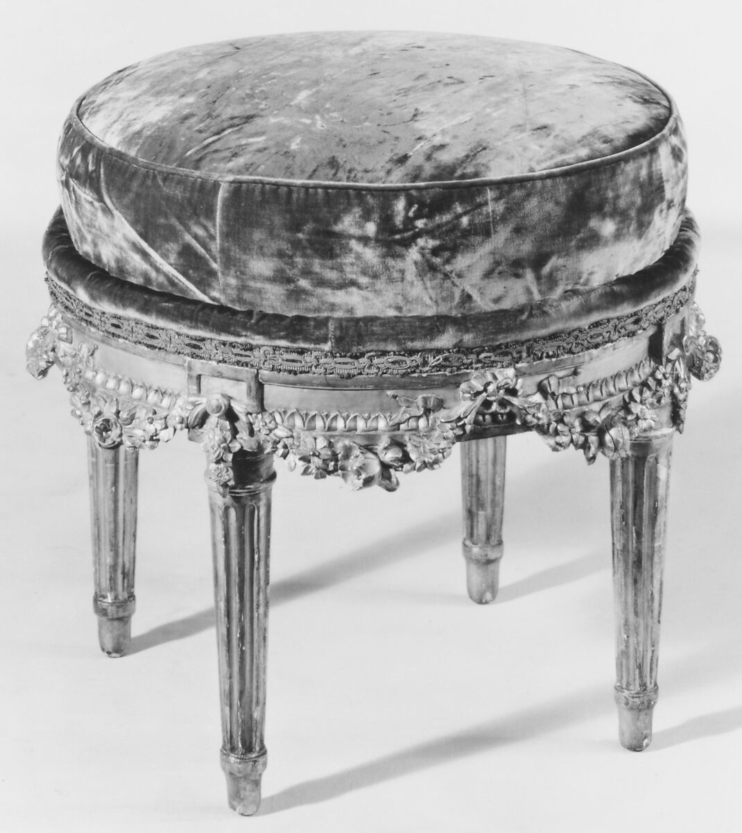 Round stool, Carved and gilded beech, covered in 18th-century blue silk velvet, French 