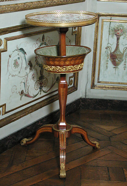 Candelstand and worktable (table à ouvrage en guéridon), Attributed to Roger Vandercruse, called Lacroix (French, 1727–1799), Oak veneered with tulipwood, boxwood, holly and ebonized holly, sycamore, and other woods; soft-paste porcelain, gilt bronze, silk, French, Sèvres 