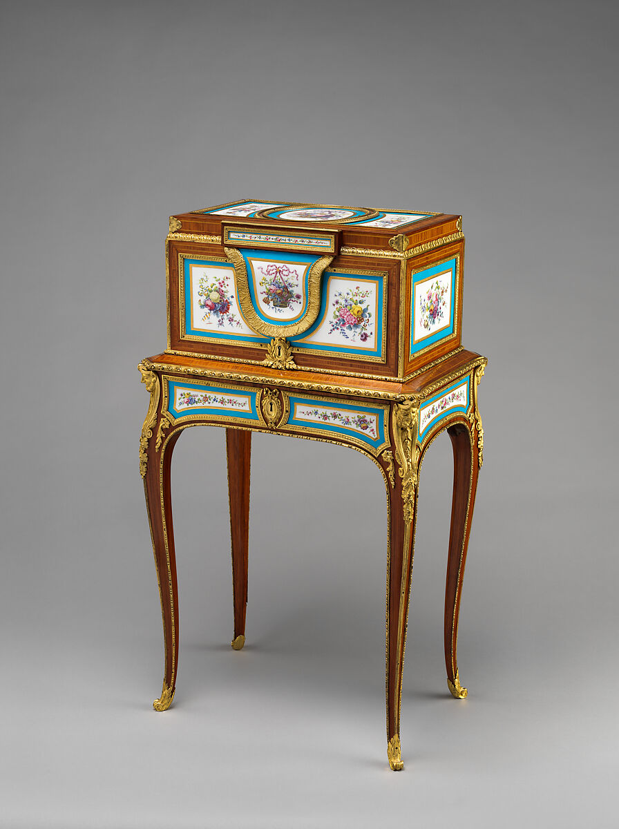 Jewel coffer on stand (petit coffre à bijoux), Attributed to Martin Carlin (French, near Freiburg im Breisgau ca. 1730–1785 Paris), Oak veneered with tulipwood, sycamore, holly, and ebonized holly; gilt bronze, soft-paste porcelain, velvet (not original), French, Sèvres 