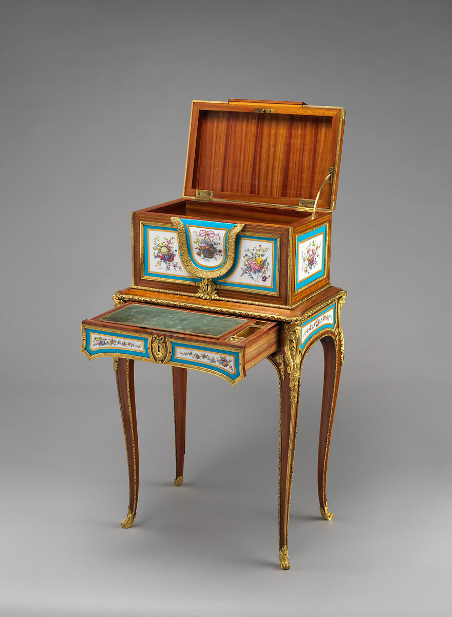 Jewel coffer on stand (petit coffre à bijoux), Attributed to Martin Carlin (French, near Freiburg im Breisgau ca. 1730–1785 Paris), Oak veneered with tulipwood, sycamore, holly, and ebonized holly; gilt bronze, soft-paste porcelain, velvet (not original), French, Sèvres