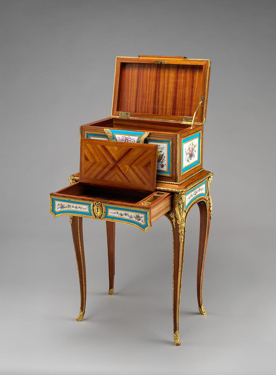 Jewel coffer on stand (petit coffre à bijoux), Attributed to Martin Carlin (French, near Freiburg im Breisgau ca. 1730–1785 Paris), Oak veneered with tulipwood, sycamore, holly, and ebonized holly; gilt bronze, soft-paste porcelain, velvet (not original), French, Sèvres