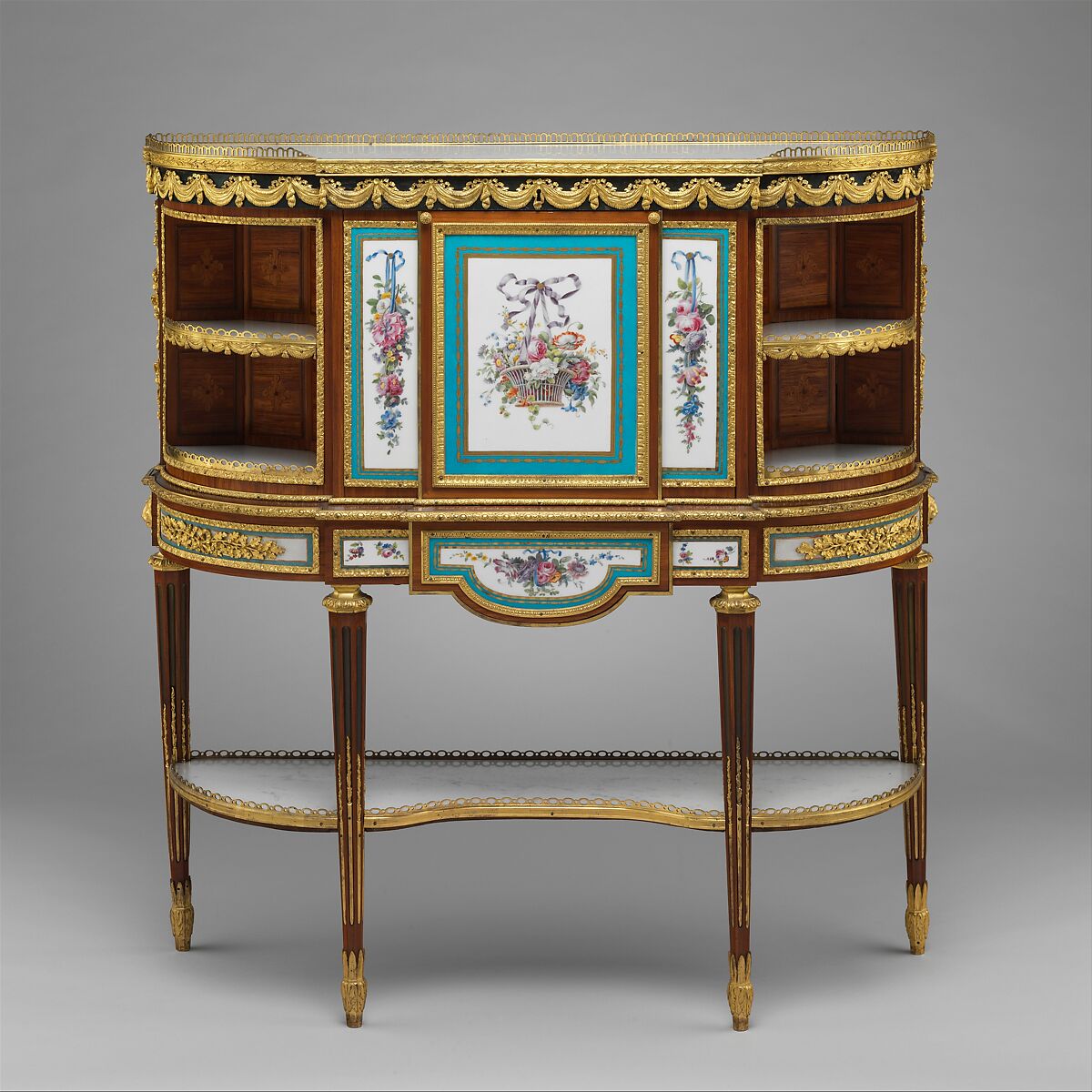 Drop-front desk (secrétaire à abattant or secrétaire en cabinet), Martin Carlin  French, Oak veneered with tulipwood, amaranth, holly, and sycamore; six Sèvres soft-paste porcelain plaques and two painted tin plaques; gilt-bronze mounts; marble shelves; moiré silk, French, Paris and Sèvres