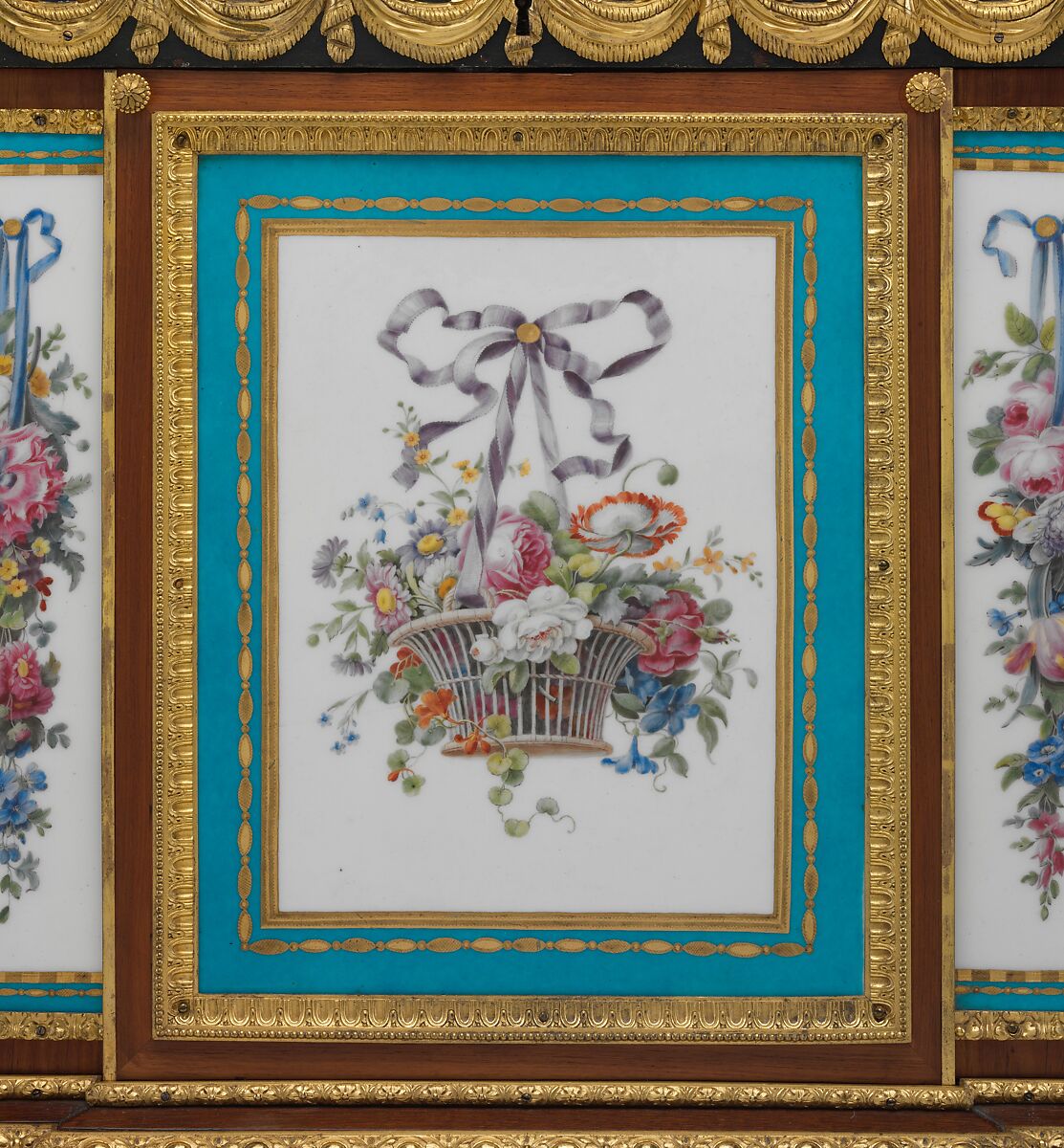 Drop-front desk (secrétaire à abattant or secrétaire en cabinet), Attributed to Martin Carlin (French, near Freiburg im Breisgau ca. 1730–1785 Paris), Oak veneered with tulipwood, amaranth, holly, and sycamore; six Sèvres soft-paste porcelain plaques and two painted tin plaques; gilt-bronze mounts; marble shelves; moiré silk, French, Paris and Sèvres