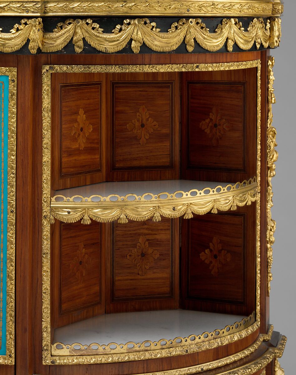 Drop-front desk (secrétaire à abattant or secrétaire en cabinet), Attributed to Martin Carlin (French, near Freiburg im Breisgau ca. 1730–1785 Paris), Oak veneered with tulipwood, amaranth, holly, and sycamore; six Sèvres soft-paste porcelain plaques and two painted tin plaques; gilt-bronze mounts; marble shelves; moiré silk, French, Paris and Sèvres